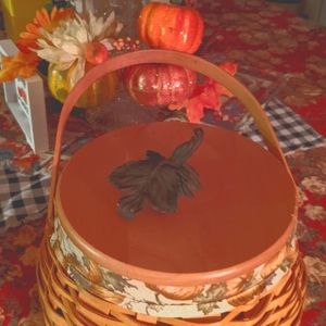 Large Longaberger  w Plastic Protector, Wooden lid w Metal Leaf top& Cloth Liner